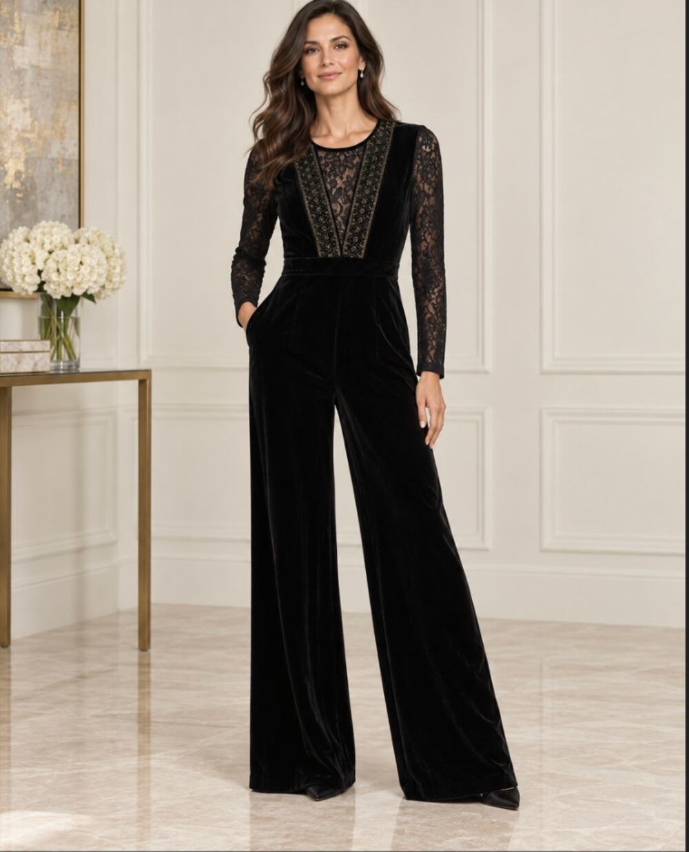 Tyler Boe S Black Velvet Lace Long Sleeve Wide Leg Jumpsuit Holiday Party